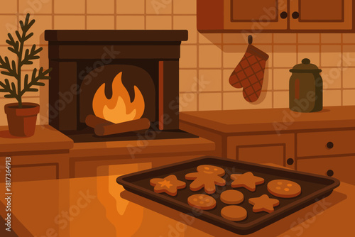 Illustration textures firelight vector warm cookies kitchen fireplace feel soft cozy