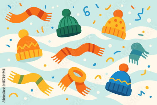 Joyful vector conveying illustration hats happiness scene winter shapes abstract snowy minimal