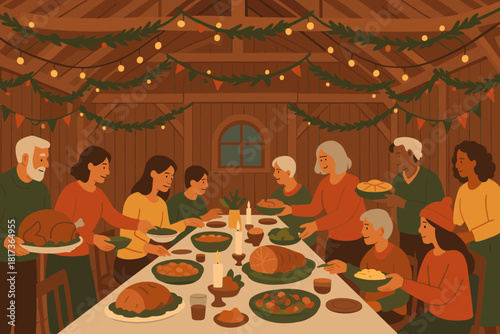 People lights village garlands banquet adding illustration vector hanging festive feast