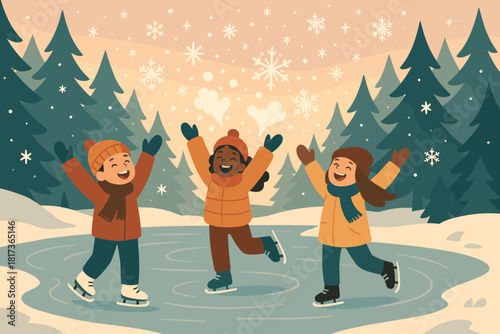 Frozen trees dance winter snowflakes scene illustration delight creating joyful light vector