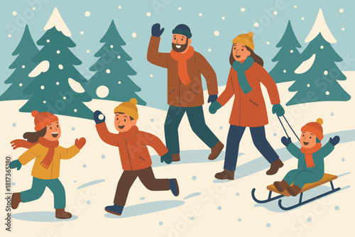 Children snowballs park winter throwing playtime sledding vector illustration joyful smiling parents