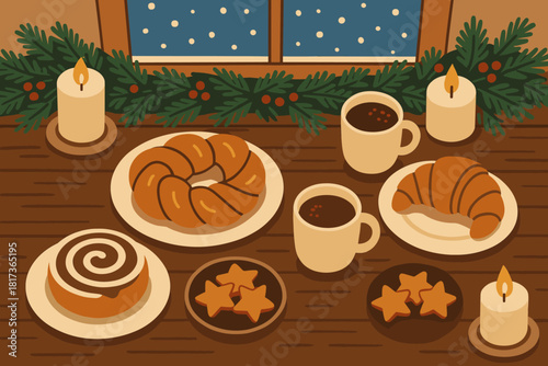 Winter outside breakfast vector festive candles drinks hot view cozy illustration window