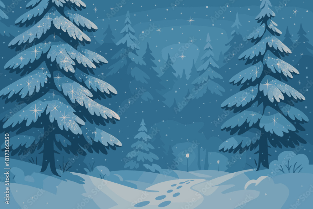 Naklejka premium Trees scene winter frost frosty illustration distant vector magical serene forest footprints