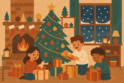 Ornaments hanging morning festive opening children christmas scene illustration vector tree through