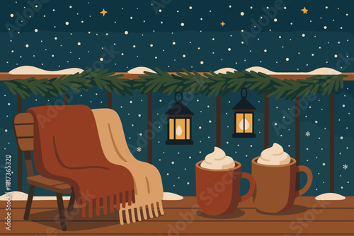 Winter night scene illustration cozy balcony pine vector lanterns cocoa