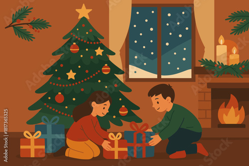 Christmas children illustration joyful softly festive scene warm winter pine vector visible