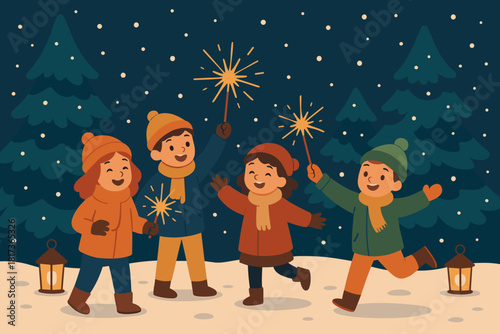 Children scene vector softly winter yard night celebration illustration pine glowing magical