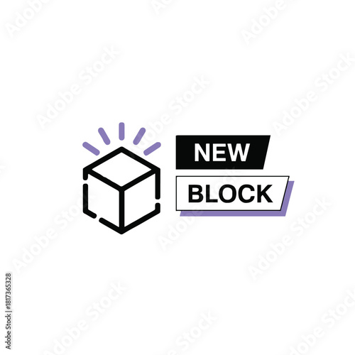 A stylized cube icon with radiating lines next to a new block graphic on a white background