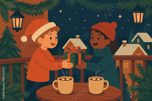 Visible festive night illustration lanterns sky children gift above vector winter rooftops