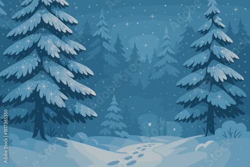 Trees scene winter frost frosty illustration distant vector magical serene forest footprints