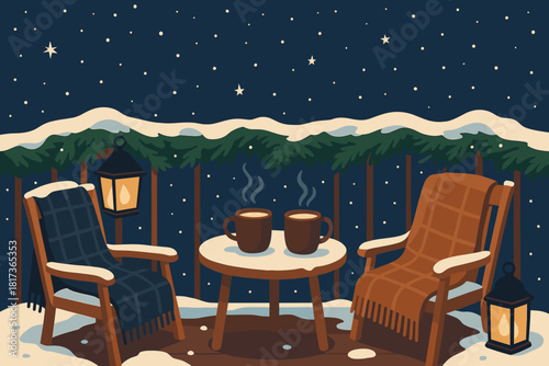 Cozy illustration pine inviting balcony mugs glowing winter chairs vector garlands