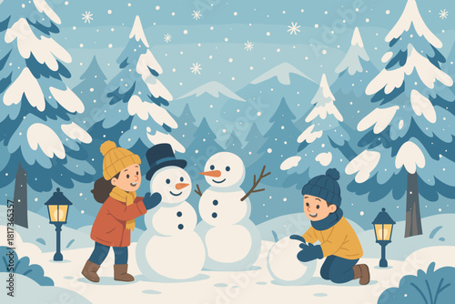 Snowflakes mountains distant joyful glowing vector winter fun scene lanterns illustration wonderland