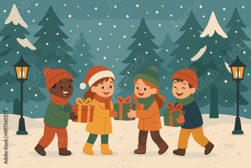 Vector gathering illustration around yard gifts trees children glowing winter cheerful joyful