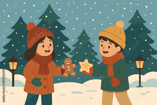 Festive lanterns vector softly exchange cookies moment joyful trees illustration pine cookie