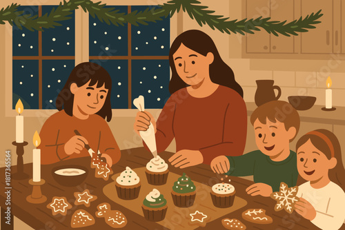 Falling gathered pine table cupcakes children joyful holiday baking illustration softly outside