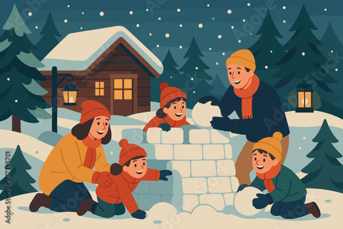 Glowing fort snow parents softly cheerful children vector joyful illustration winter trees