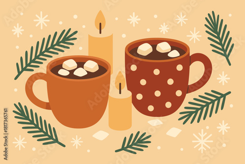 Snowflakes flat delight illustration pine cozy cocoa marshmallows holiday composition vector candles