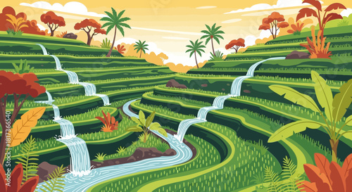 Illustration of rice terraces with cascading waterfalls, surrounded by tropical trees and plants under a warm sky.