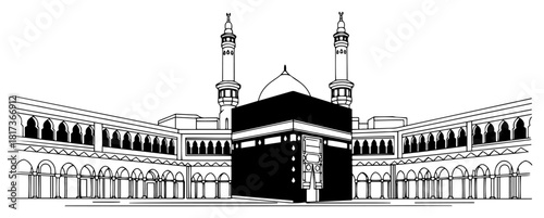 Holy Kaaba in Mecca vector illustration showing line art of Masjid al-Haram in Saudi Arabia Islamic architecture sketch