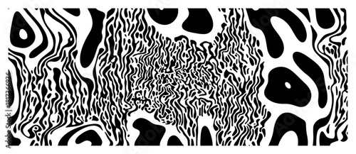Abstract black and white wavy liquid line pattern monochrome psychedelic optical illusion background distorted organic vector texture