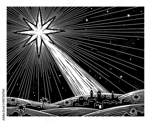 Star of Bethlehem shining over the town woodcut style vector illustration showing Nativity landscape with guiding star and city silhouette for Christian Christmas night scene