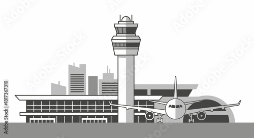 Vector Black & White Airport Line Icon Set — Control Tower, Planes & Terminal Clipart