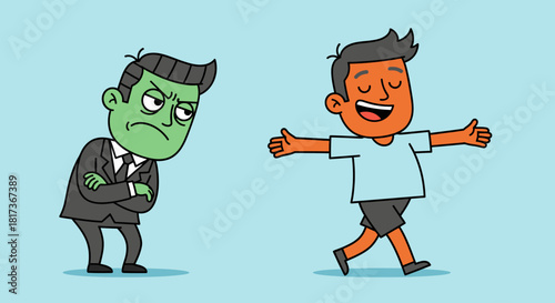 Vector Hand-Drawn Cartoon of Businessman Envying Happy-Go-Lucky Casual Man