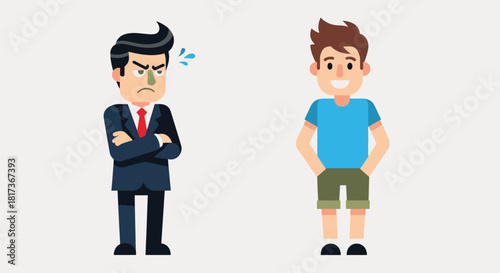 Vector Hand-Drawn Cartoon of Businessman Envying Happy-Go-Lucky Casual Man