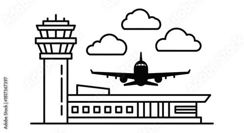 Vector Black & White Airport Line Icon Set — Control Tower, Planes & Terminal Clipart