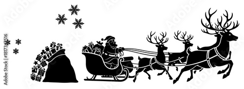 Santa Claus flying in sleigh with reindeer and gift bag silhouette black and white Christmas holiday vector illustration for decoration
