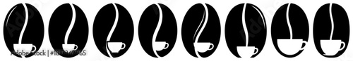 Row of stylized coffee bean vector icons with negative space cup silhouettes inside