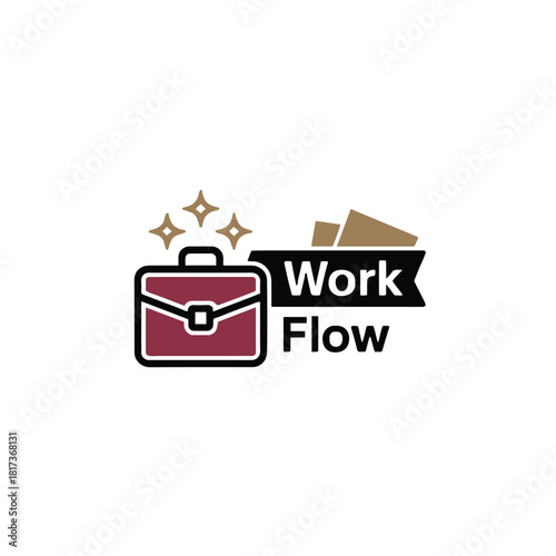 A graphic logo showing a briefcase and the words work flow with stars and paper stacks behind