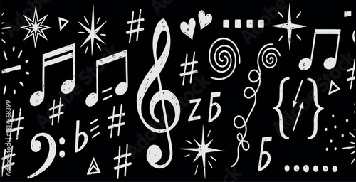 Hand drawn music notes and symbols on black background