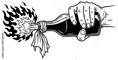 Hand holding a molotov cocktail with flames vector illustration