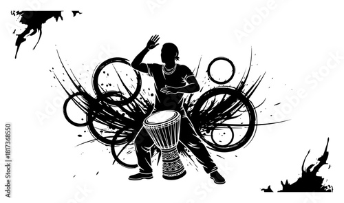 African drummer silhouette playing djembe drum with abstract grunge splashes and dynamic circles black and white vector illustration