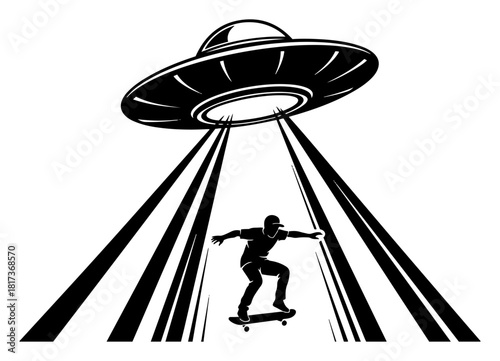 Black and white vector illustration of a UFO spaceship beaming up a skateboarder silhouette performing a trick