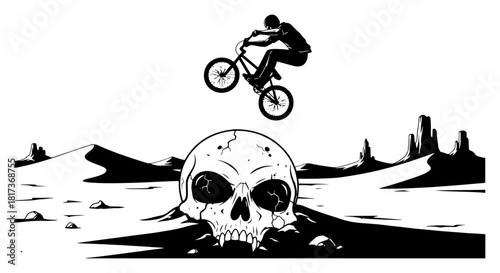 BMX biker jumping over giant skull vector illustration showing extreme bicycle stunt in desert landscape background