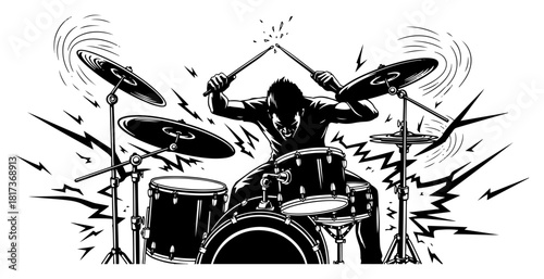 Energetic rock drummer playing drum kit silhouette with lightning sparks and dynamic motion lines black and white music vector illustration