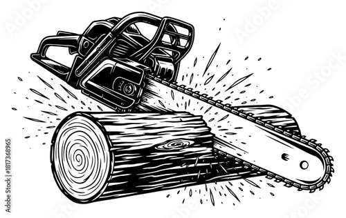 Vintage engraving style vector illustration of a chainsaw cutting through a wood log with flying sawdust and chips