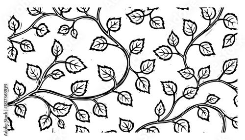 Floral vine pattern vector illustration showing climbing leaves and branches in vintage black and white woodcut style for nature background