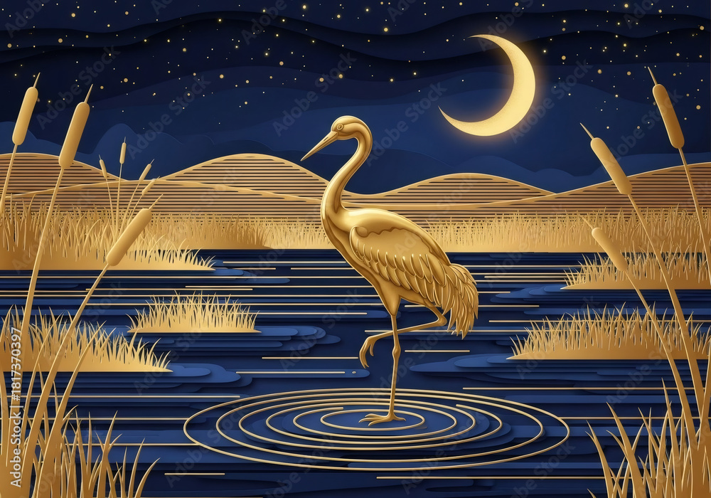 Obraz premium Golden crane bird standing in water at night with crescent moon and stars. Paper cut style illustration of nature landscape with reeds and ripples