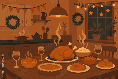 Lighting is festive food decorations handmade cozy scene illustration where vector steaming