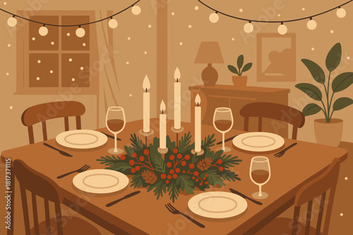 Dining scene illustration interior surrounded decor centerpiece branches vector pine dinner festive