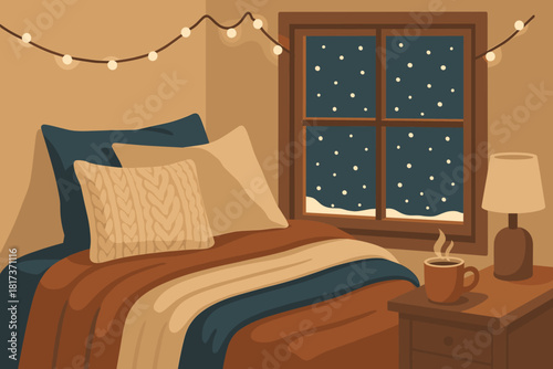 Cozy blankets fairy snow vector bedroom retreat winter pillow illustration warm knit