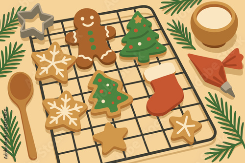 Array needles sugar cooling cookie illustration wooden festive spoon baking rack vector