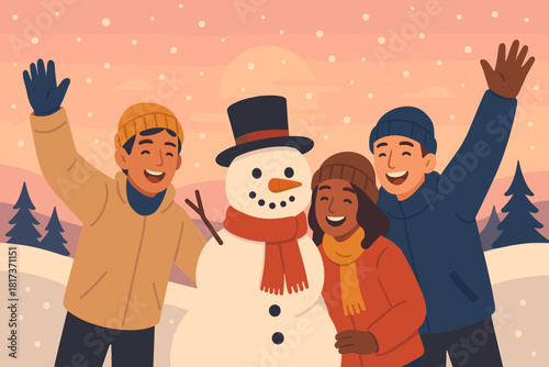 Photo moment vector snowy under their joy joyful pink sunset illustration soft