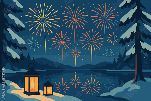Lakeside calm vector glowing lanterns illustration snowy cozy scene fireworks celebration