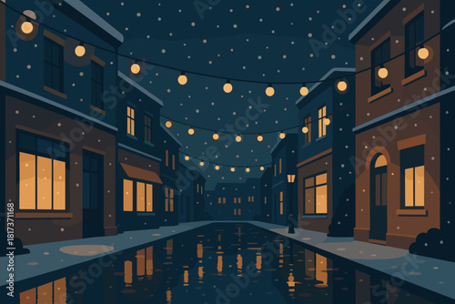 Cozy buildings street night falling wet hanging glowing illustration bulbs winter vector