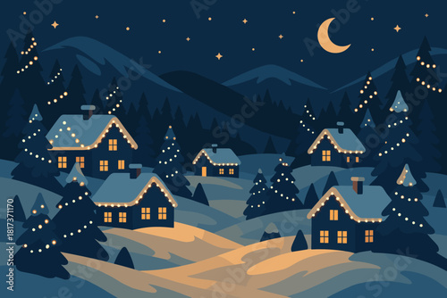 Are valley mountain night illuminated vector illustration glow below where village
