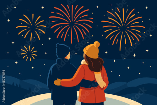 Vector coats shining hilltop illustration watching their reflecting year romantic new fireworks